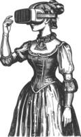 AI generated woman playing virtual reality headset in old engraving style art vector