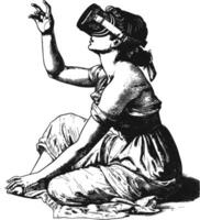 AI generated woman playing virtual reality headset in old engraving style art vector