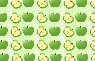 Seamless fruit pattern with green apple, apple slice, flower. Repeating apple fruit background on green. Use for fabric, textile, packaging, wrapping paper, banners, Stationery Design, Digital Design vector