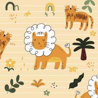 bohemio guardería resumen modelo infantil dibujo con linda Tigre león palma árbol arco iris flores resumen forma para guardería decoración fondo de pantalla textil impresión tela envase papel vector