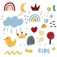 Seamless Bohemian Nursery Abstract Pattern Childish Drawing with cute duck rainbow tree cloud crown abstract shape for nursery decor wallpaper textile print fabric wrapping pape vector