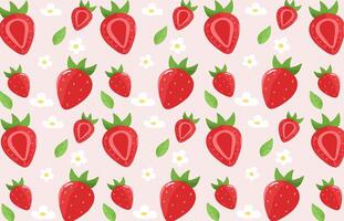 Seamless fruit pattern with strawberry, flowers, strawberry slice. Repeating background with summer fruit on pink. Use for fabric, gift wrap, packaging, wrapping paper, banners, tablecloths, vector