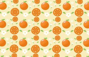sin costura Fruta modelo con naranja, flores, hojas, naranja rebanada. repitiendo antecedentes con verano Fruta en amarillo. utilizar para tela, regalo envoltura, embalaje, envase papel, pancartas, manteles vector