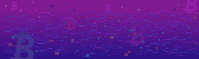 Blue and pink bitcoin sign under circuit technology concept on violet and blue background. horizontal particle and line digital, electronic abstract. vector