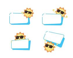 Set of cute sun wearing a sunglasses with blue blank space bubble flat vector illustration isolated on white background. Hello summer. Summer sales.