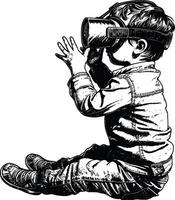 AI generated Child playing virtual reality headset black color only vector