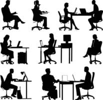 AI generated Silhouette office employees discussing at work desk black color only vector