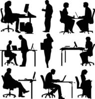 AI generated Silhouette office employees discussing at work desk black color only vector