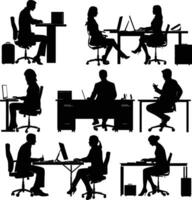 AI generated Silhouette office employees discussing at work desk black color only vector