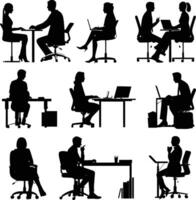 AI generated Silhouette office employees discussing at work desk black color only vector