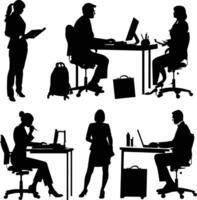 AI generated Silhouette office employees discussing at work desk black color only vector