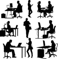 AI generated Silhouette office employees discussing at work desk black color only vector