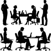 AI generated Silhouette office employees discussing at work desk black color only vector