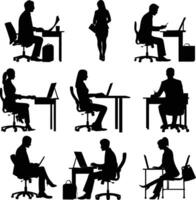 AI generated Silhouette office employees discussing at work desk black color only vector