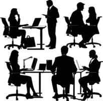 AI generated Silhouette office employees discussing at work desk black color only vector