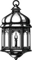 AI generated arabic lantern illustration with engraving style black color only vector