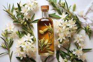 AI generated vanilla oil extract with isolated table professional photography photo