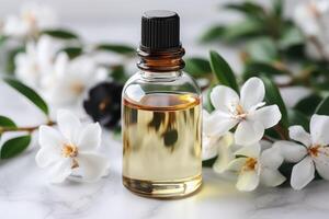AI generated vanilla oil extract with isolated table professional photography photo