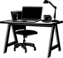 AI generated Silhouette Office Desk With Laptop and Coffee black color only vector