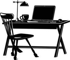 AI generated Silhouette Office Desk With Laptop and Coffee black color only vector