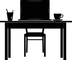 AI generated Silhouette Office Desk With Laptop and Coffee black color only vector