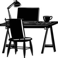 AI generated Silhouette Office Desk With Laptop and Coffee black color only vector