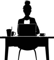 AI generated Silhouette Office Desk With Laptop and Coffee black color only vector