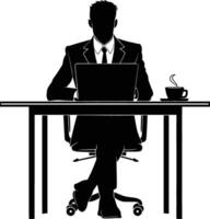 AI generated Silhouette Office Desk With Laptop and Coffee black color only vector