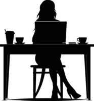 AI generated Silhouette Office Desk With Laptop and Coffee with women working inside vector