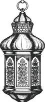 AI generated arabic lantern illustration with engraving style black color only vector