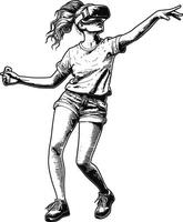 AI generated girl playing virtual reality headset with engraving style black color only vector