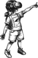 AI generated girl playing virtual reality headset with engraving style black color only vector