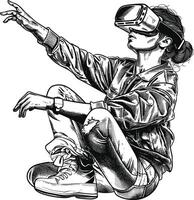 AI generated girl playing virtual reality headset with engraving style black color only vector