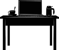 AI generated Silhouette Office Desk With Laptop and Coffee black color only vector