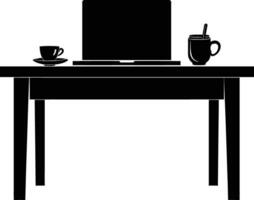 AI generated Silhouette Office Desk With Laptop and Coffee black color only vector