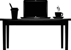 AI generated Silhouette Office Desk With Laptop and Coffee black color only vector