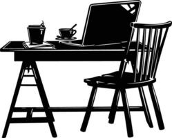 AI generated Silhouette Office Desk With Laptop and Coffee black color only vector