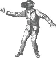 AI generated man playing virtual reality headset with engraving style black color only vector