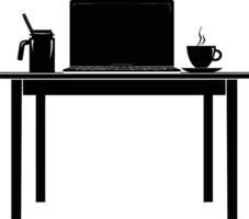 AI generated Silhouette Office Desk With Laptop and Coffee black color only vector