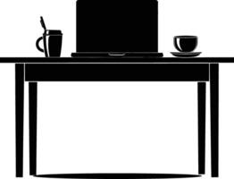 AI generated Silhouette Office Desk With Laptop and Coffee black color only vector