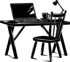 AI generated Silhouette Office Desk With Laptop and Coffee black color only vector