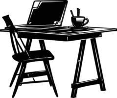 AI generated Silhouette Office Desk With Laptop and Coffee black color only vector