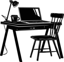 AI generated Silhouette Office Desk With Laptop and Coffee black color only vector