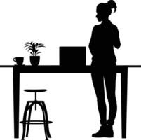 AI generated Silhouette Office Desk With Laptop and Coffee black color only vector