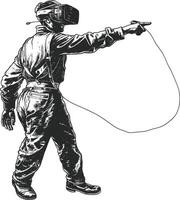 AI generated man playing virtual reality headset with engraving style black color only vector