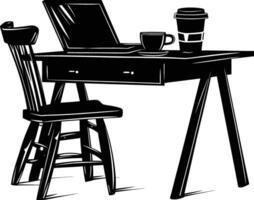 AI generated Silhouette Office Desk With Laptop and Coffee black color only vector