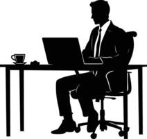 AI generated Silhouette Office Desk With Laptop and Coffee black color only vector