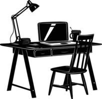 AI generated Silhouette Office Desk With Laptop and Coffee black color only vector