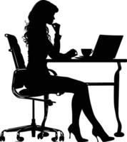 AI generated Silhouette Office Desk With Laptop and Coffee with women working inside vector