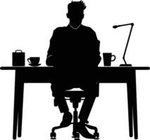 AI generated Silhouette Office Desk With Laptop and Coffee black color only vector